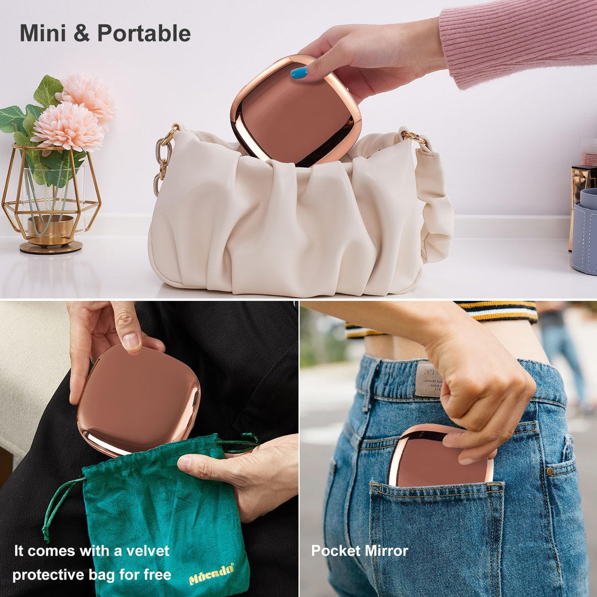 Mocado mirror includes velvet pouch for safe storage