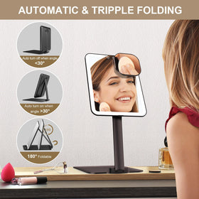 Mocado folding travel mirror positioned at 180-degree angle for easy vanity use.