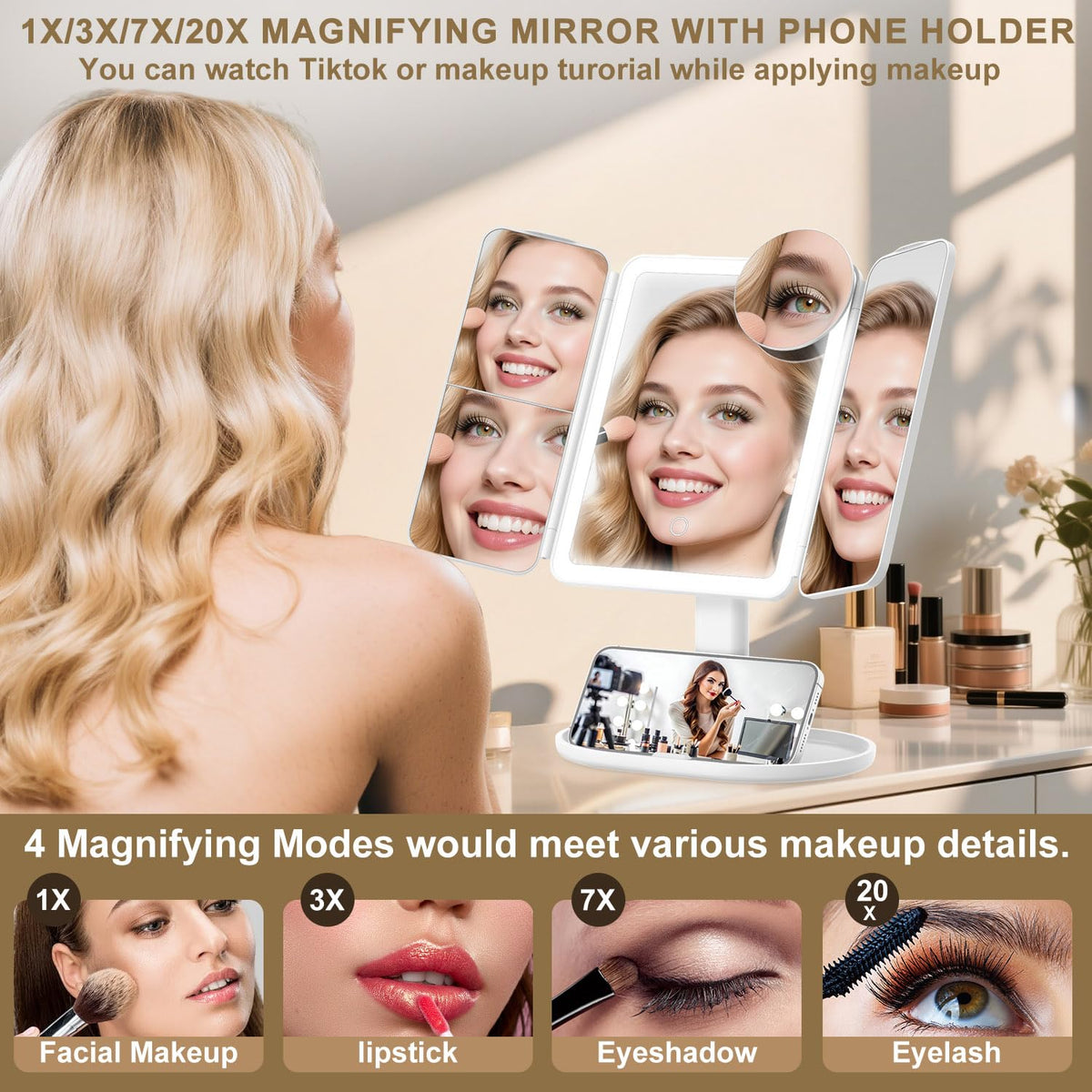 Mocado makeup mirror with 20x close-up for precise eye makeup.