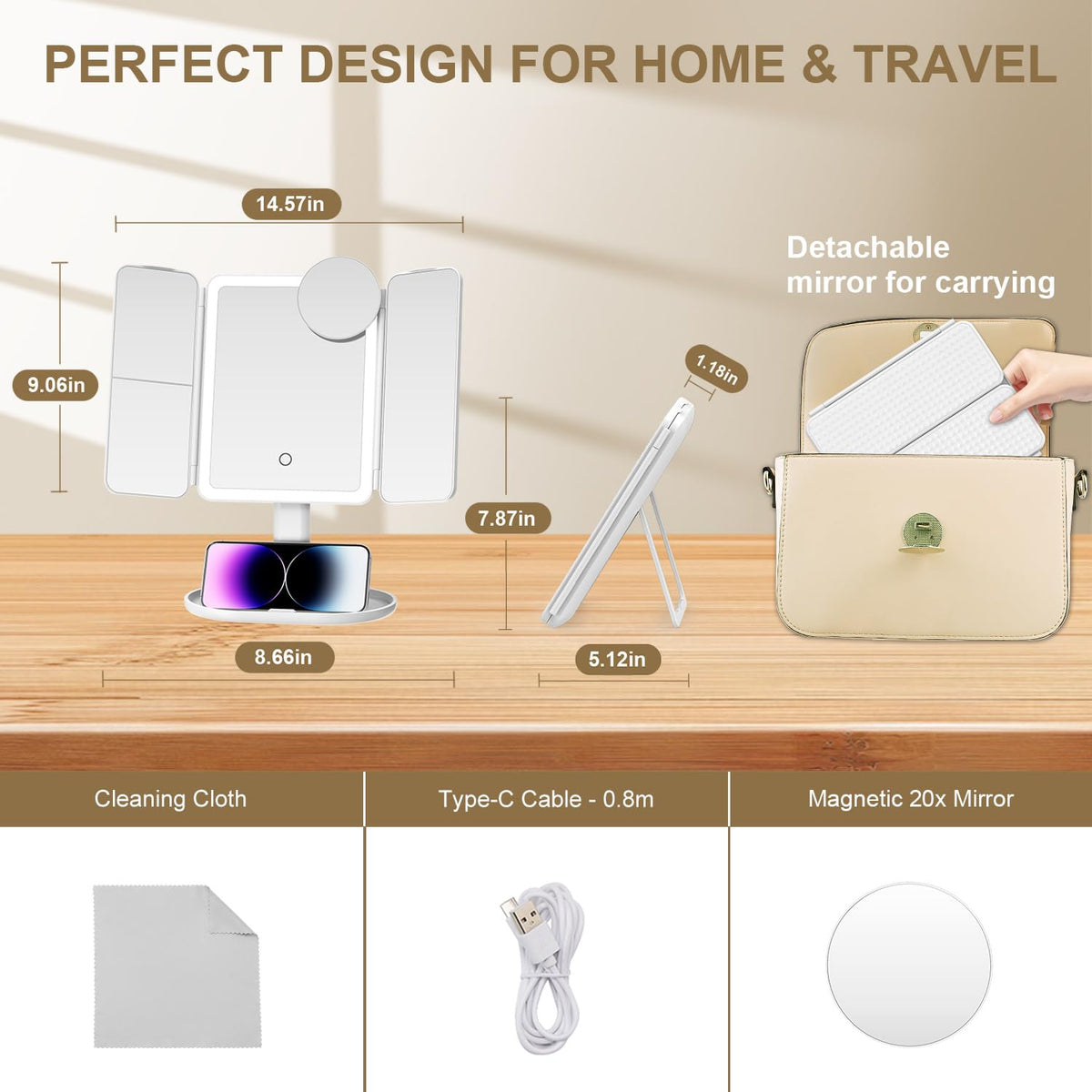 Mocado makeup mirror height-adjustable stand for comfortable use.