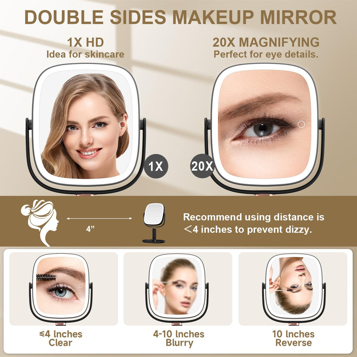 Mocado makeup mirror with lights shows 360° rotation and stable base for angles