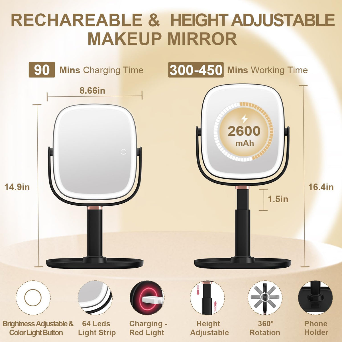 Mocado makeup mirror with lights demonstrates three color modes for true tone makeup