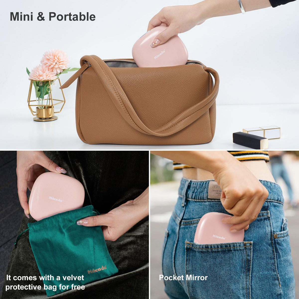 Mocado pink compact mirror with velvet protection bag