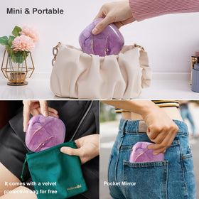 Lightweight pocket-sized mirror fits purses for quick touch-ups.