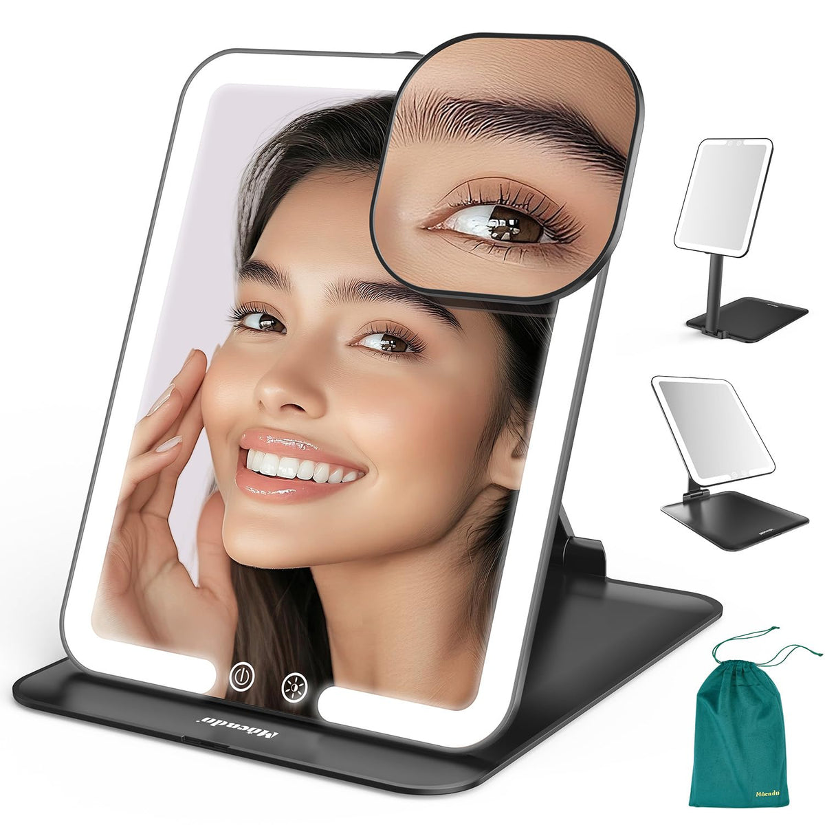 Mocado travel makeup mirror with light showing a 7x5 inch viewing area for quick on-the-go touch-ups.