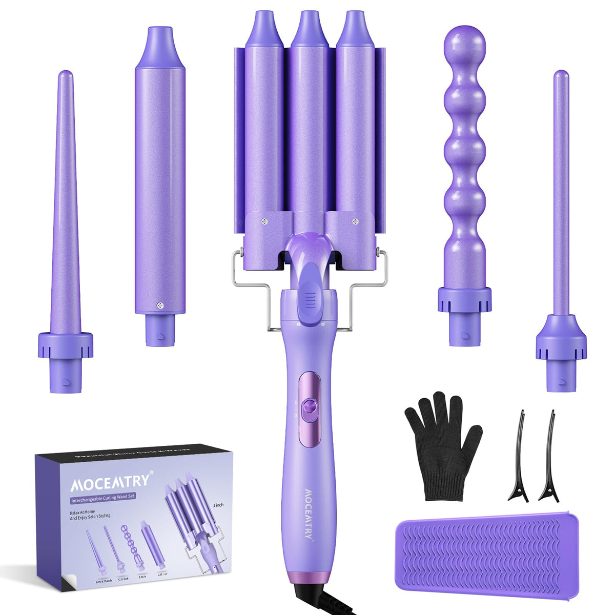 MOCEMTRY 5-in-1 curling wand set front view, versatile styling options