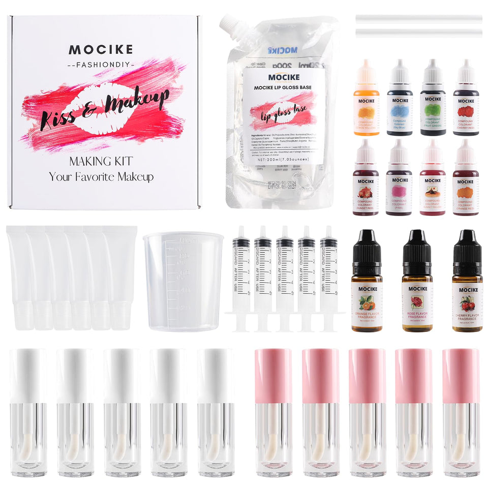MOCIKE DIY Lip Gloss Kit contents shown for at-home crafting and experimentation.