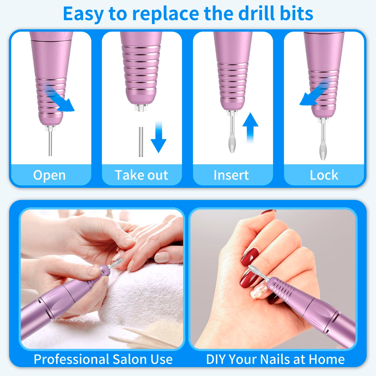 MOCOWIND seven drill bits and six sanding bands for versatile nail tasks.