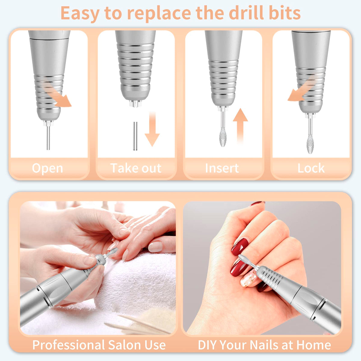 MOCOWIND kit includes 7 bits and 6 sanding bands for versatile nail work.
