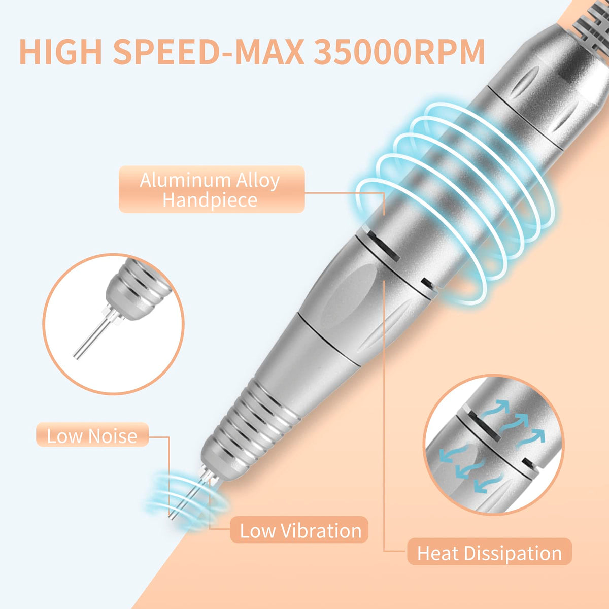 MOCOWIND nail drill LCD display helps monitor speed and direction.