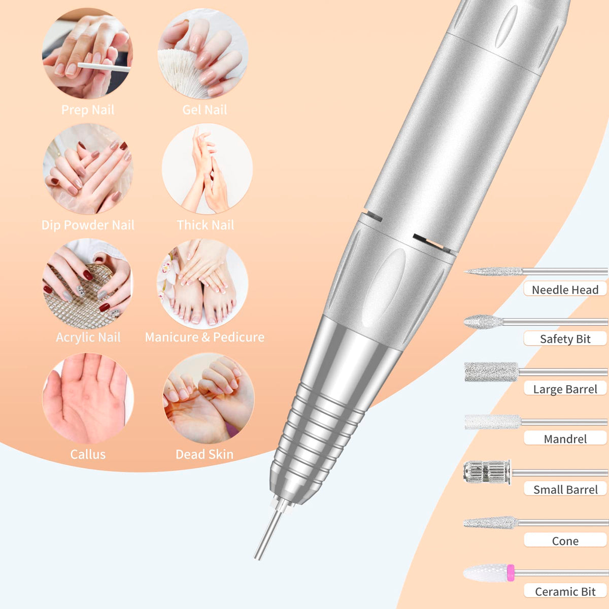 MOCOWIND rechargeable nail file battery powers extended sessions on the go.