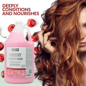 MODA Cherry Bulk Salon Conditioner bottle pour demonstrates smooth dispersion for quick service