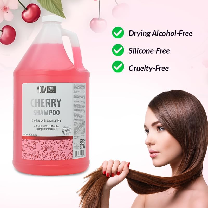 MODA Cherry Shampoo application close-up showing root-to-tip cleansing