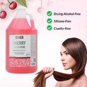 MODA Cherry Shampoo application close-up showing root-to-tip cleansing