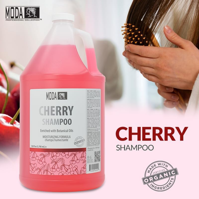 MODA Cherry Shampoo USA-made badge signals professional quality
