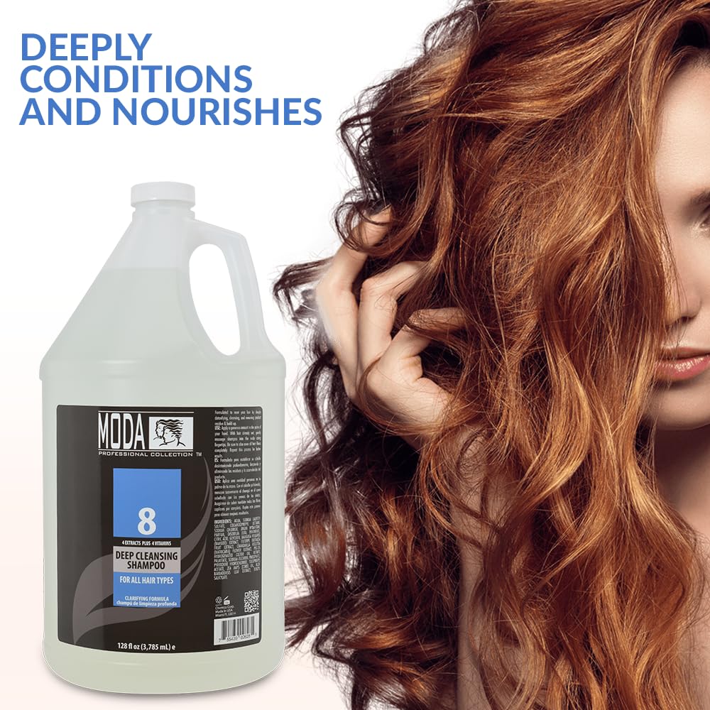 MODA Deep Cleansing Shampoo label close-up highlights four extracts and four vitamins for cleansing