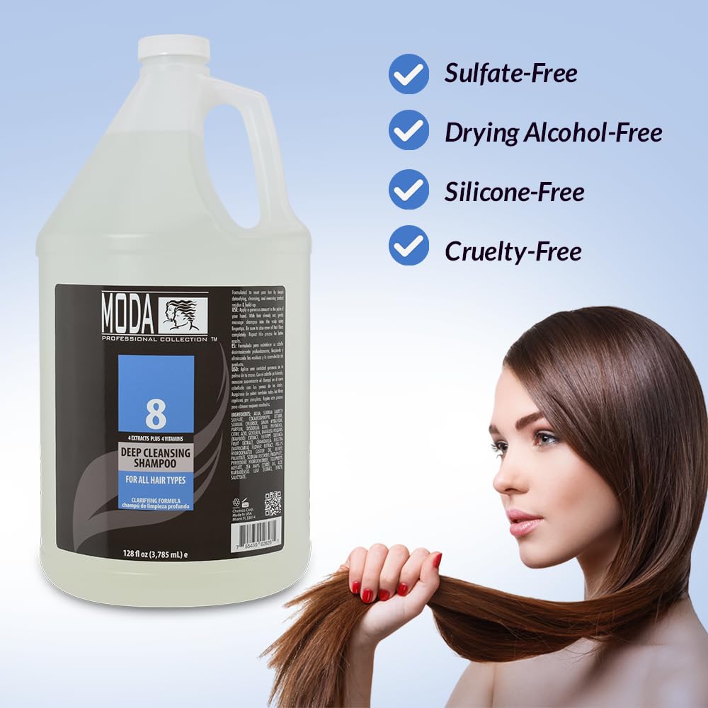 MODA Deep Cleansing Shampoo USA-made label, showcasing quality ingredients
