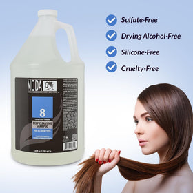MODA Deep Cleansing Shampoo USA-made label, showcasing quality ingredients