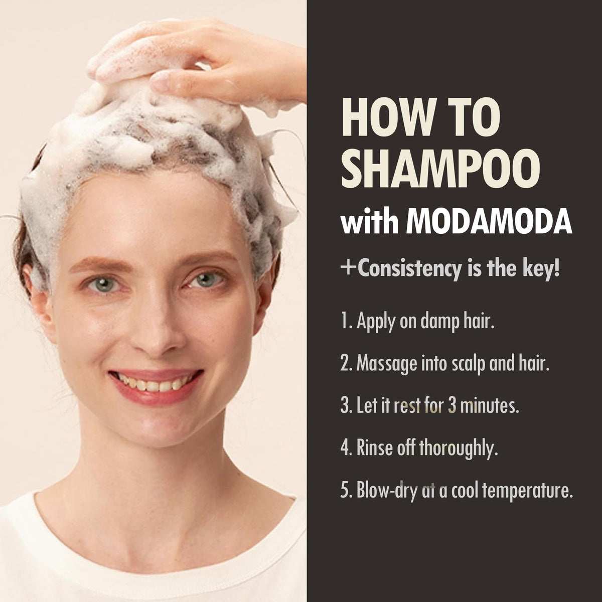 MODA MODA Zero Gray Black Shampoo step-by-step usage on wet hair.