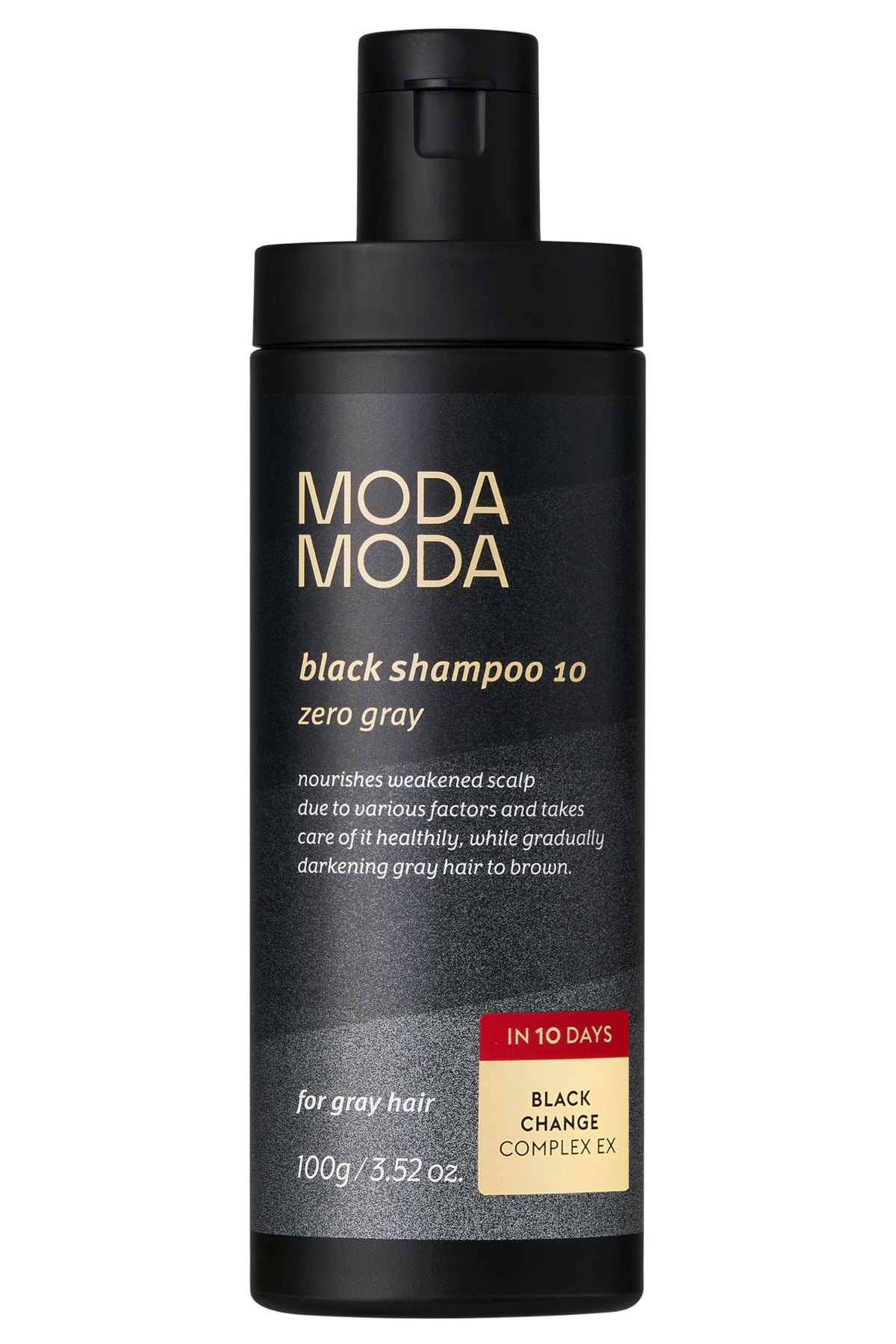 MODA MODA Zero Gray Black Shampoo bottle demonstrates color-darkening action for scalp care.