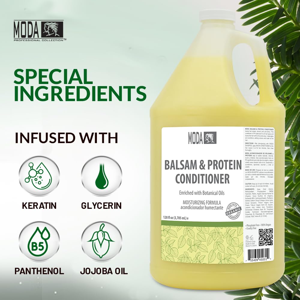 MODA Moisturizing Conditioner ingredients panel highlights glycerin, keratin, and antioxidants for healthy hair.