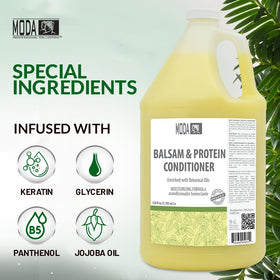 MODA Moisturizing Conditioner ingredients panel highlights glycerin, keratin, and antioxidants for healthy hair.