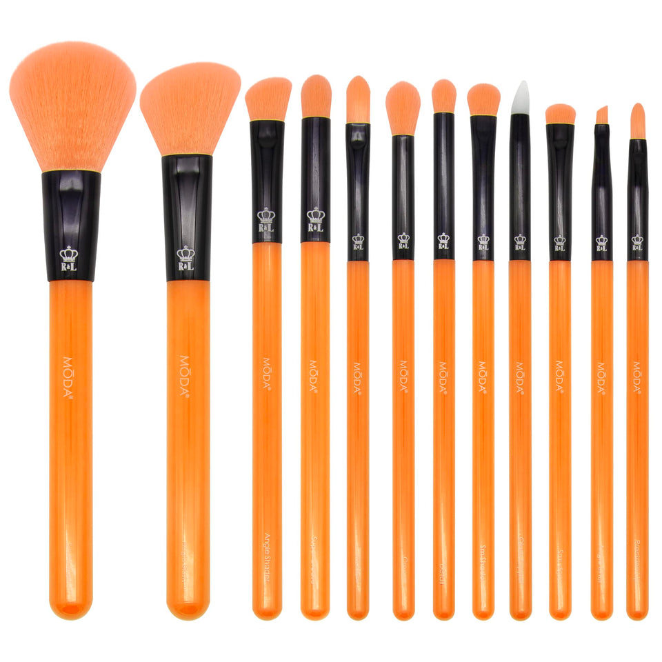 MODA Neon 12pc makeup brush set ready for complete blending and contouring