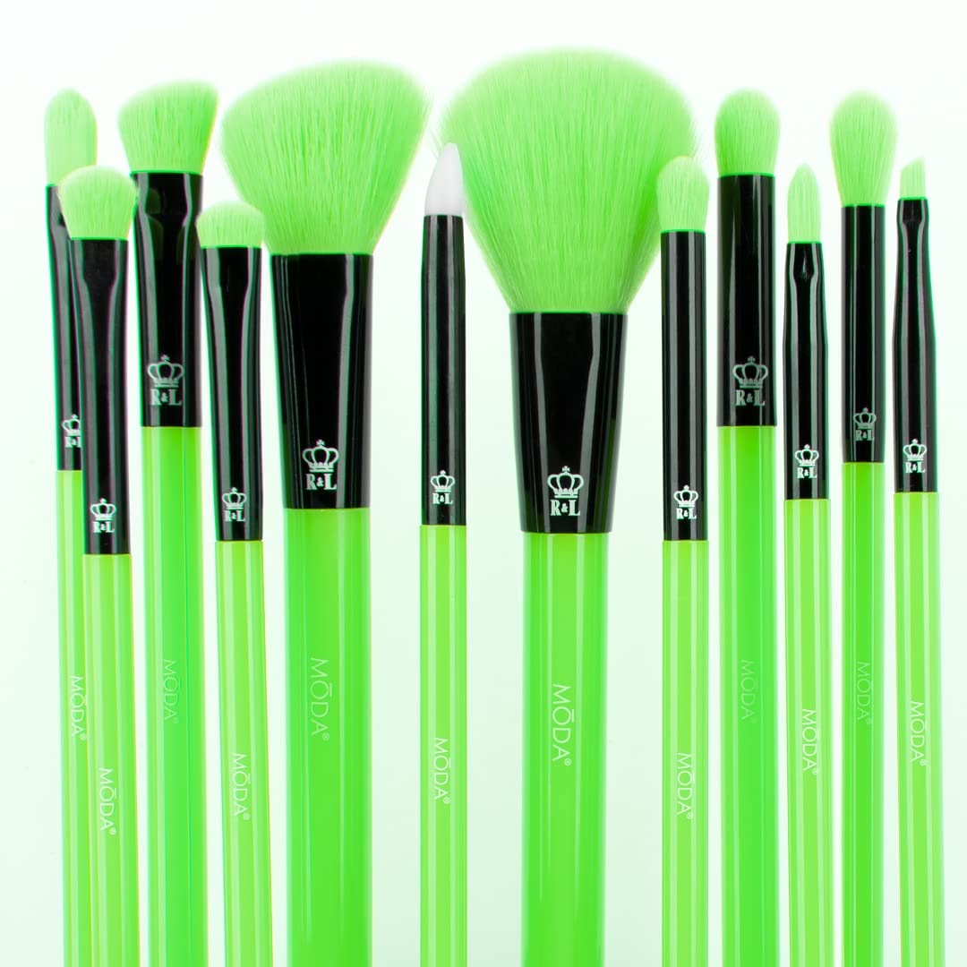 MODA Neon Green 12pc brush set eye brush close-up, soft vegan filaments visible