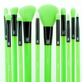 MODA Neon Green 12pc brush set eye brush close-up, soft vegan filaments visible
