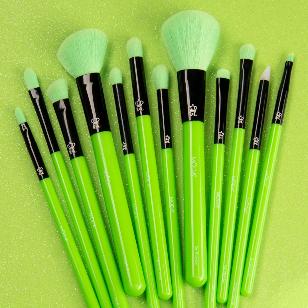 MODA Neon Green 12pc brush set face brushes close-up, smooth blending capability