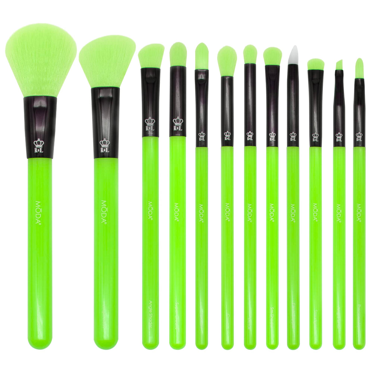 MODA Neon Green 12pc brush set front view, bold design and grip for easy access