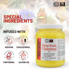 MODA professional hair-treatment gallon label highlights bulk hospitality amenity usage.