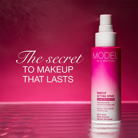 Model in a Bottle mist on face for sweat-resistant wear.