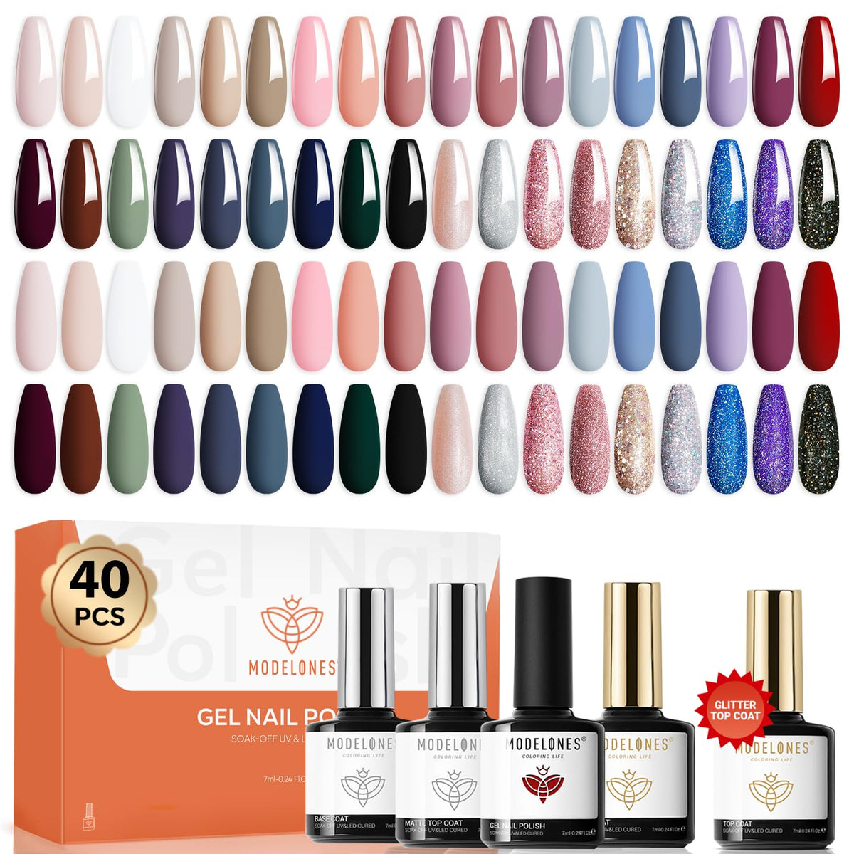 Modelones gel nail polish set showing 40-piece color variety for DIY manicures