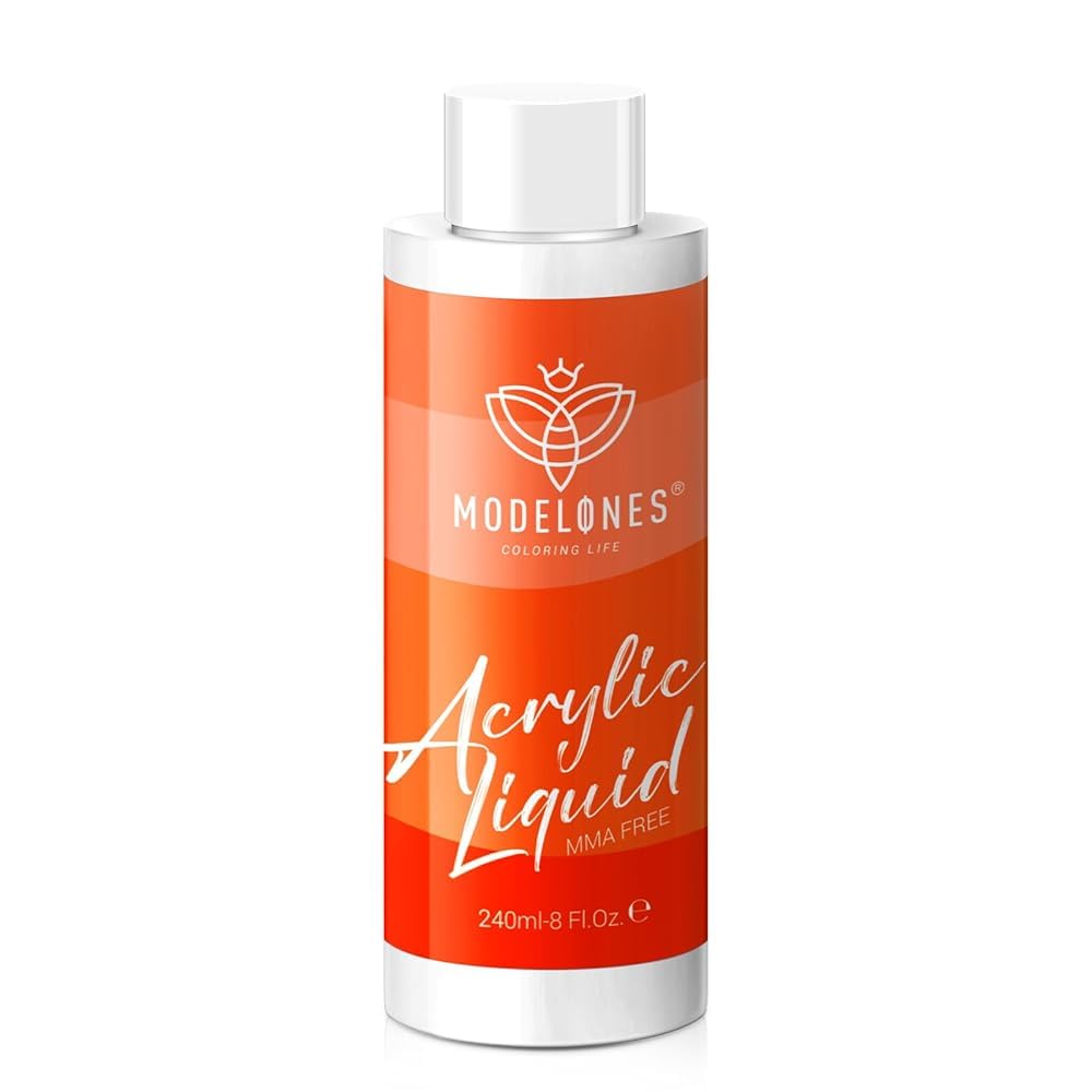 Modelones 8oz monomer bottle front showing packaging and at-home nail extensions