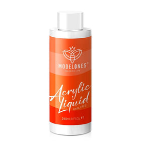 Modelones 8oz monomer bottle front showing packaging and at-home nail extensions