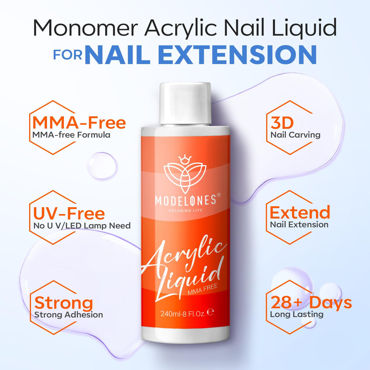 Modelones 8oz monomer bottle label closeup highlighting MMA-free formula