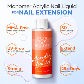 Modelones 8oz monomer bottle label closeup highlighting MMA-free formula
