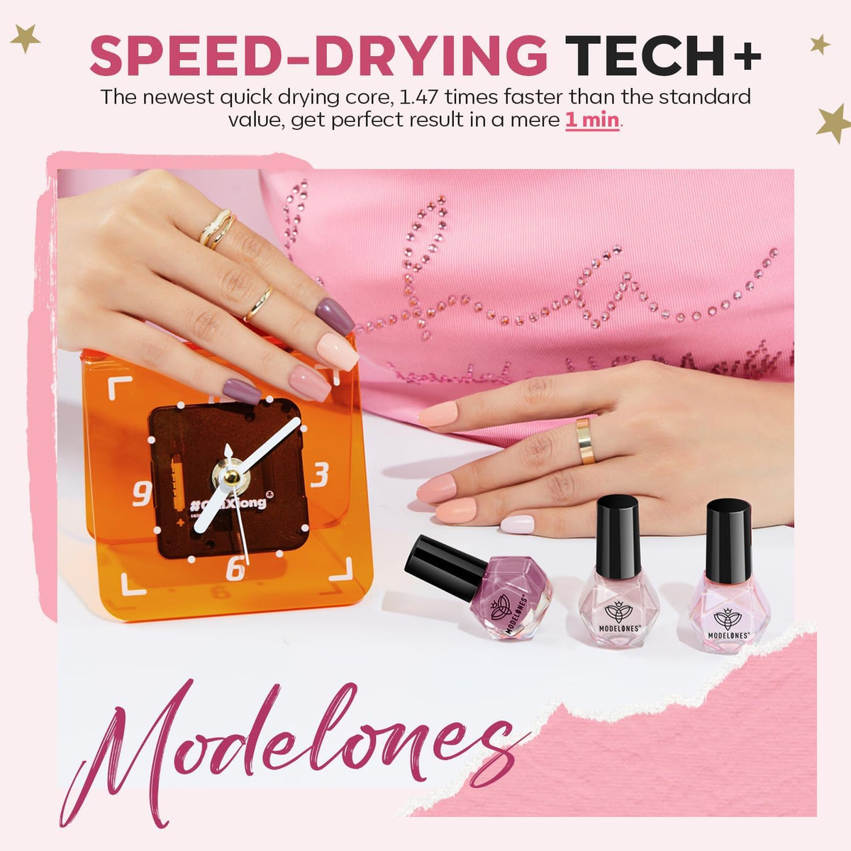 Modelones brush applies polish smoothly for salon-quality at home.