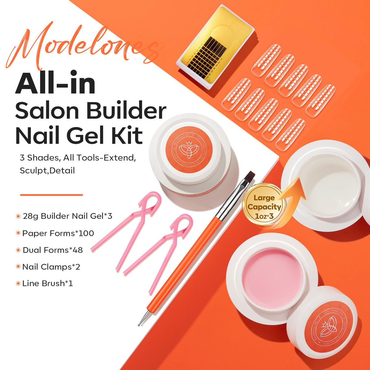 Modelones builder gel trio close-up with crystal-clear finish for natural overlays