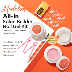 Modelones builder gel trio close-up with crystal-clear finish for natural overlays