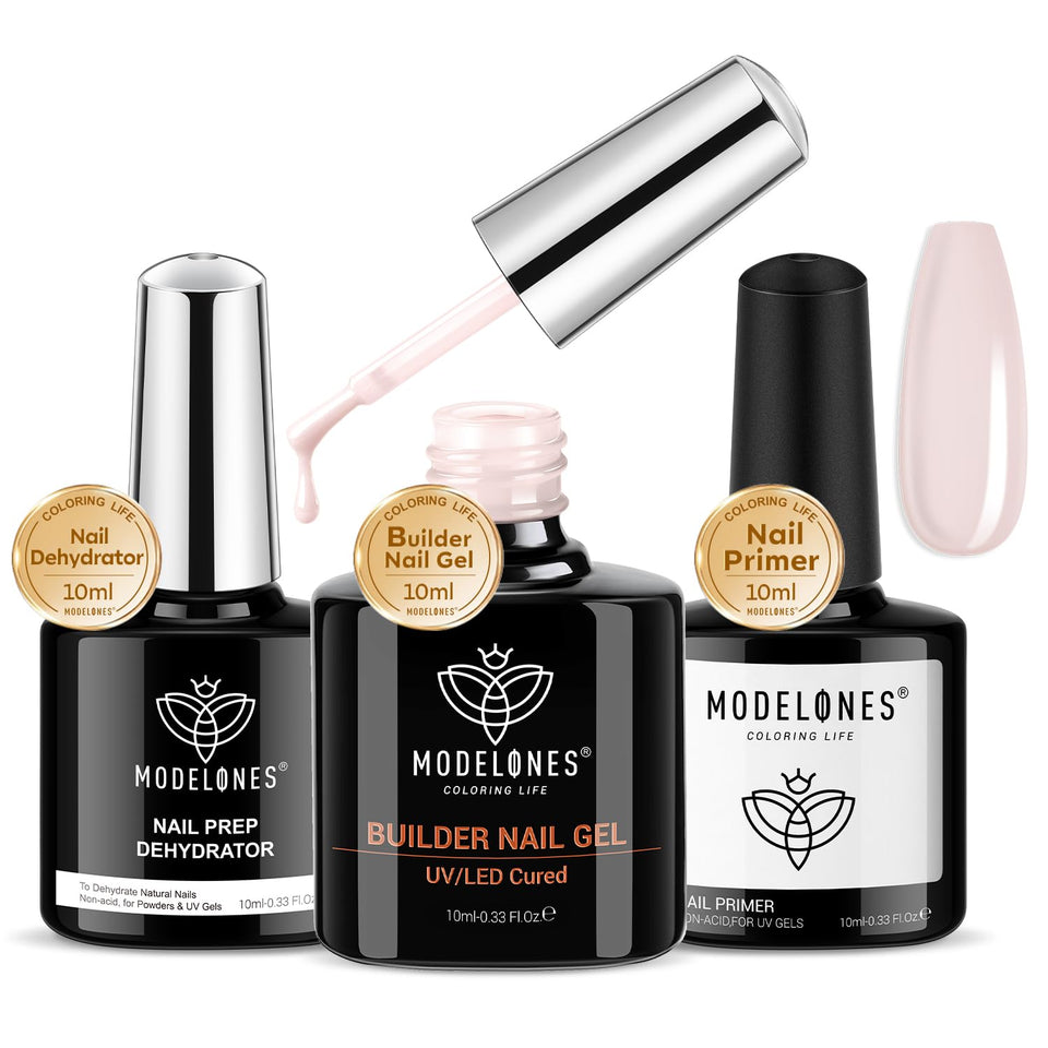 Modelones Cover Nude Builder Gel bottle for a smooth, durable base.