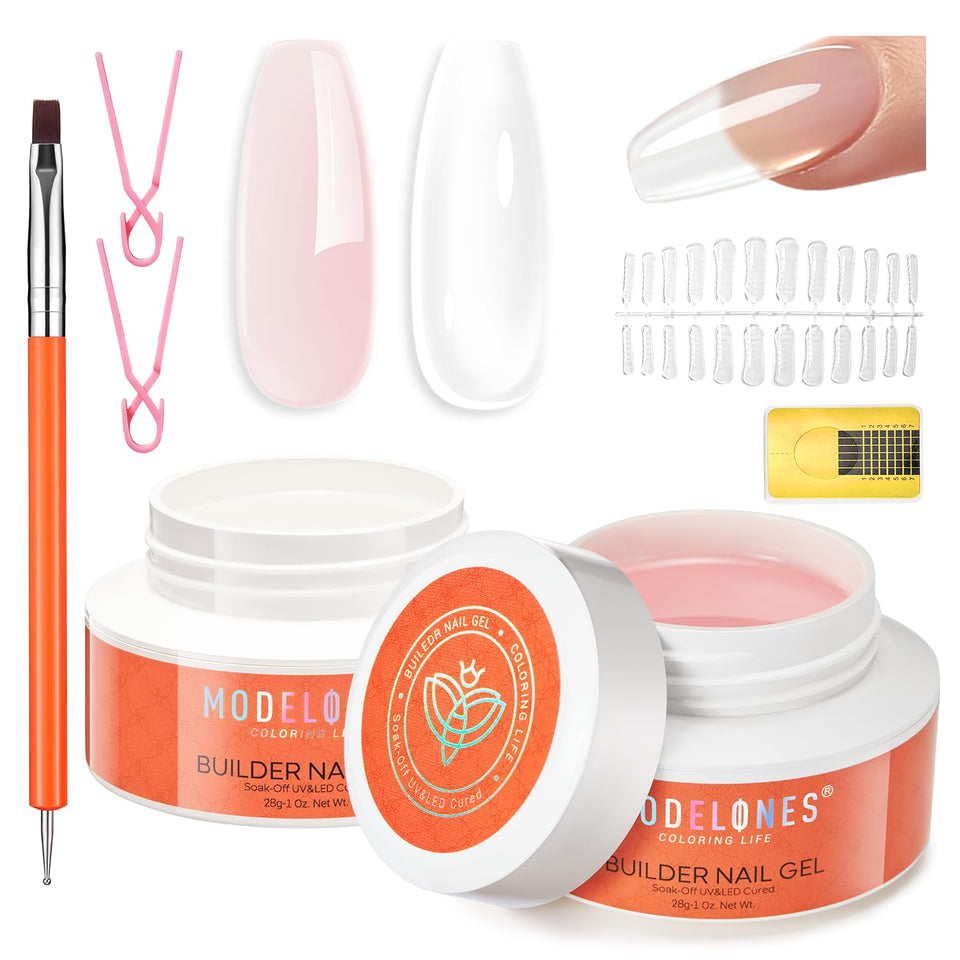 Modelones gel builder bottles in clear and nude for at-home salon results.