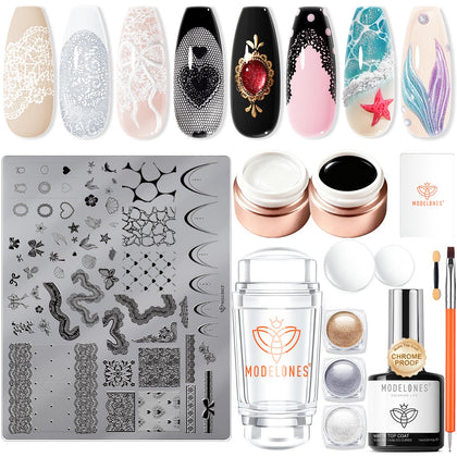 Modelones lace nail stamping plate delivers crisp lace patterns for salon-style nails.