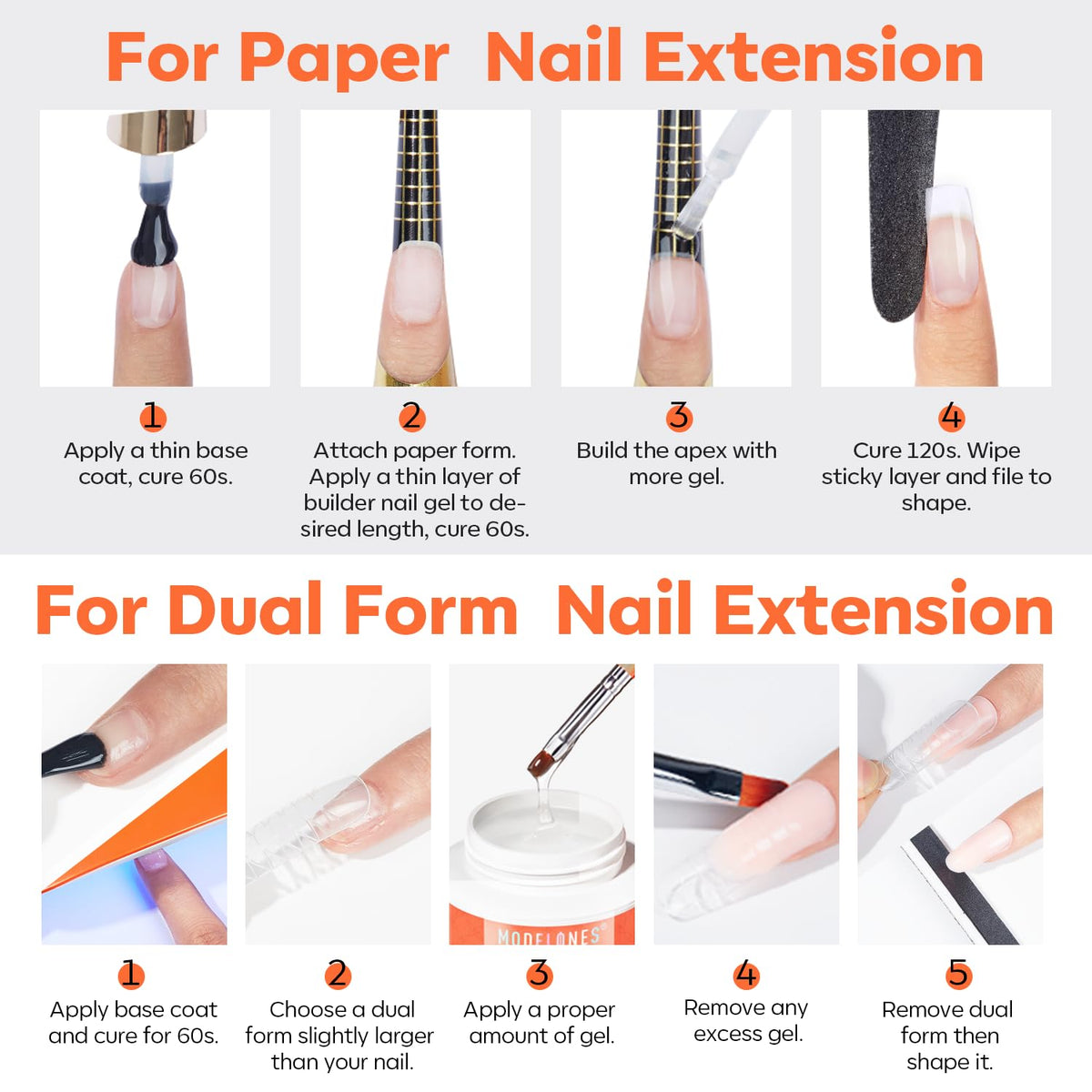 Modelones LED-cured nails with crystal-clear gel for lasting shine.