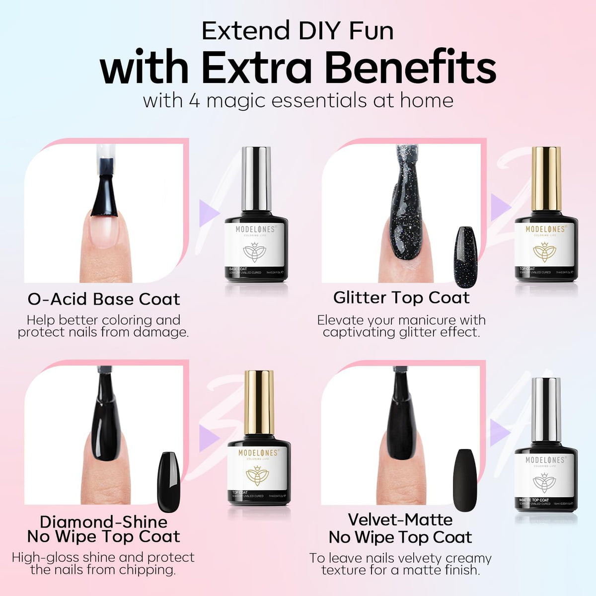 Modelones matte top coat creates a velvety, sophisticated texture.