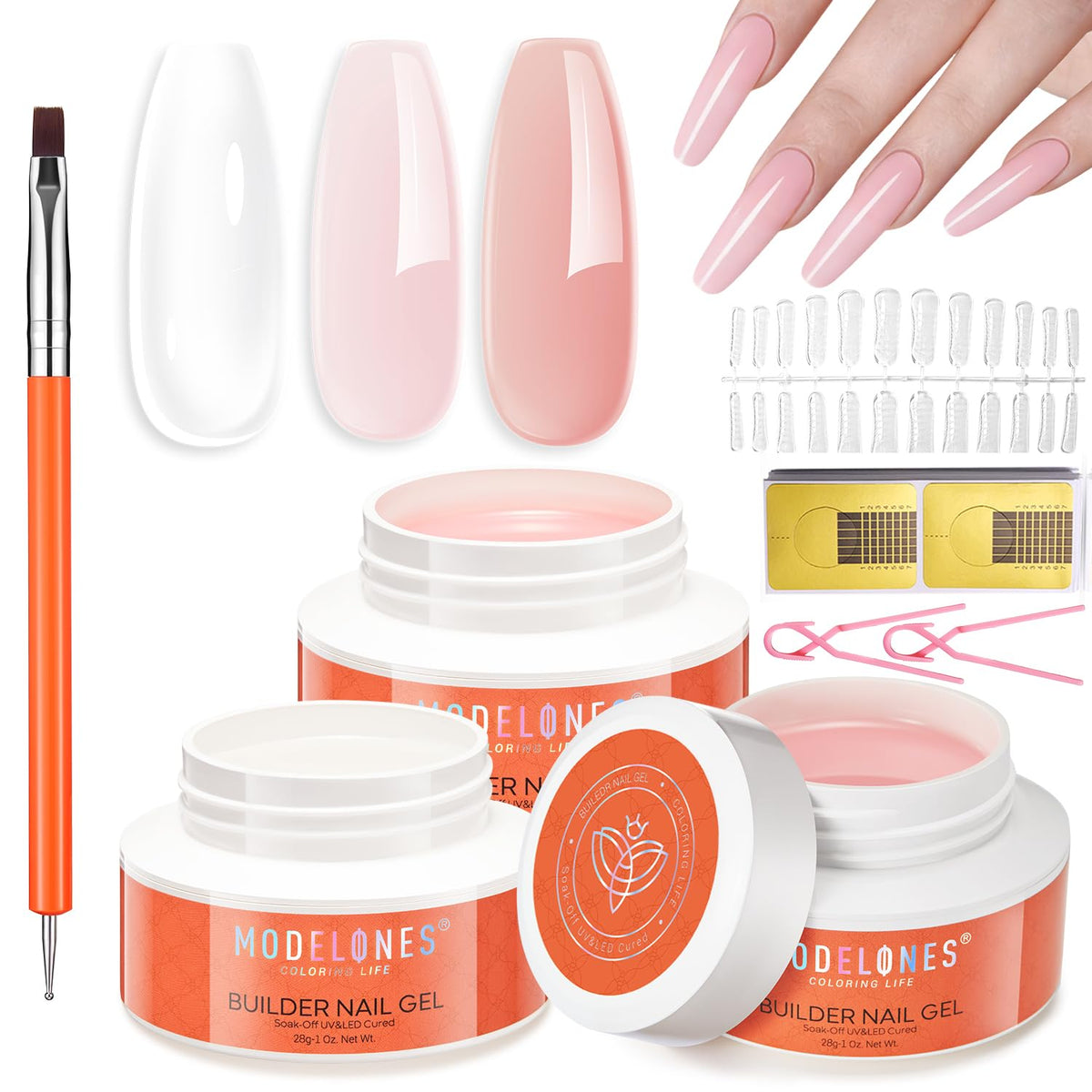 Modelones Nail Art Kit unboxing showing components for at-home gel extensions and inspiration
