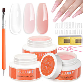 Modelones Nail Art Kit unboxing showing components for at-home gel extensions and inspiration