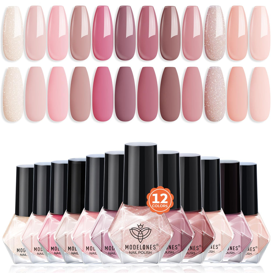Modelones nail polish set twelve colors on display for versatile everyday looks.