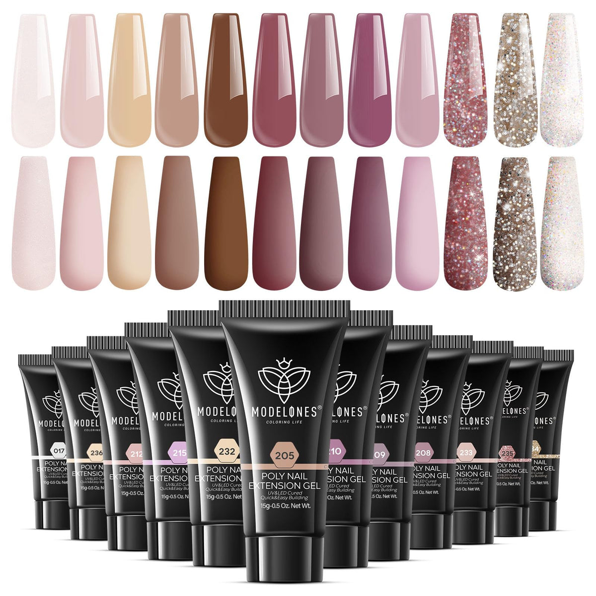 Modelones poly extension gel kit with 12 pink nude tones for versatile at-home nail art.